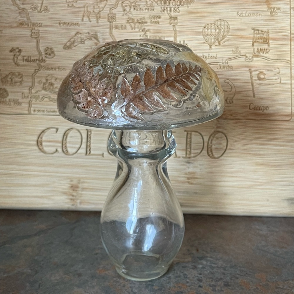 World Market Glass Mushroom Paperweight with dried florals